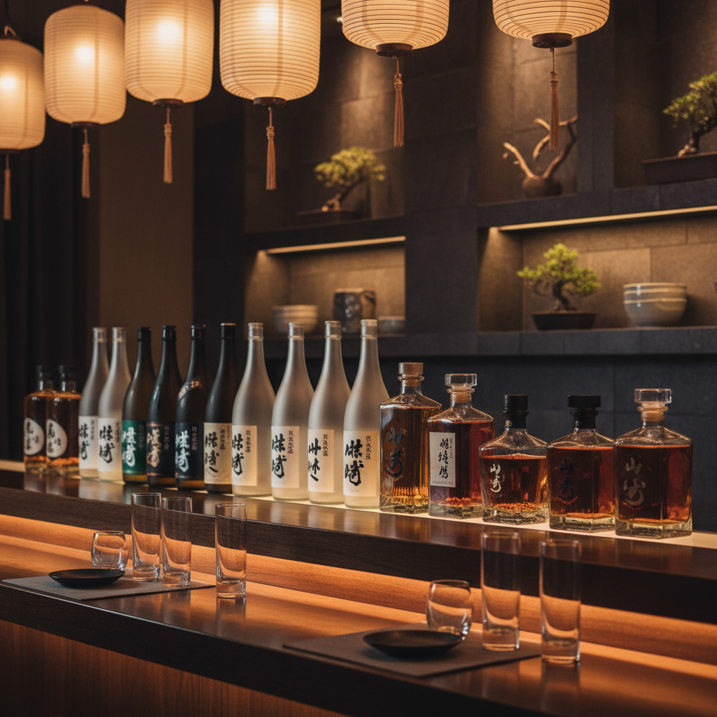 Bar mit Sake, japanischem Whisky und Glaswaren